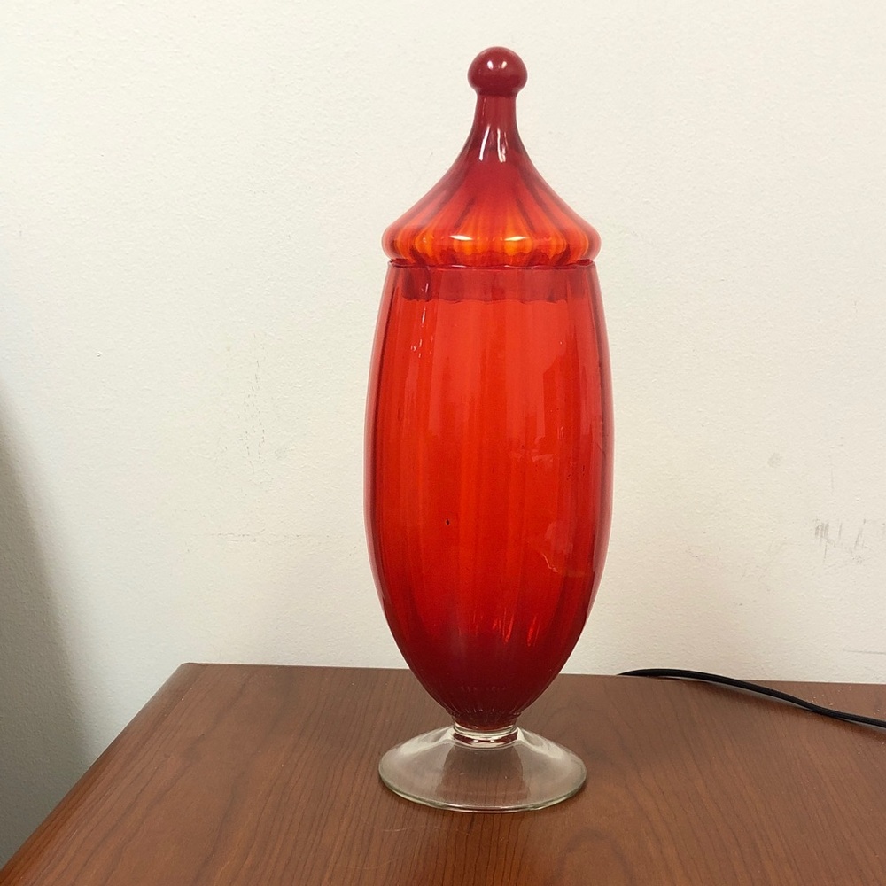 Circus tent glass lidded jar with a pointed finial lid and pedestal foot